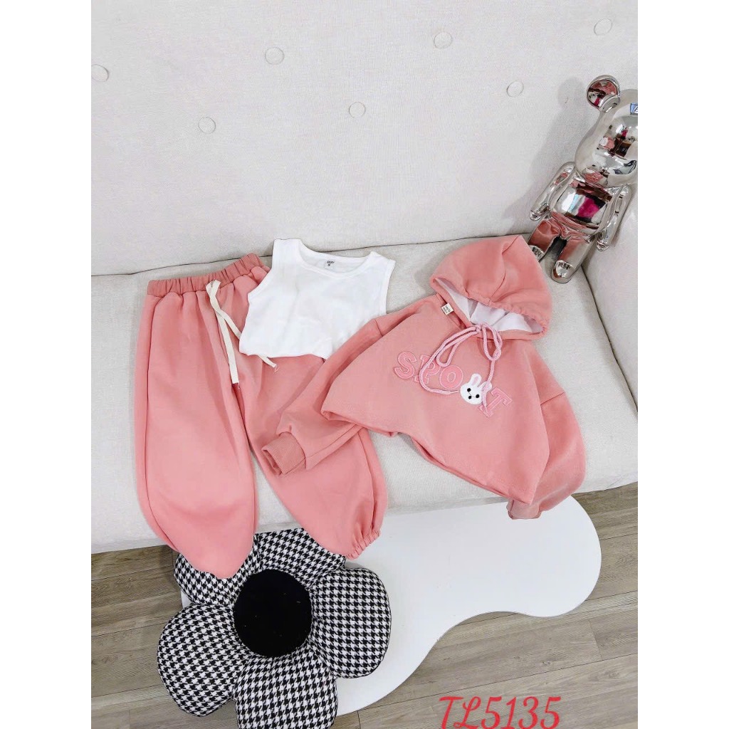 Bộ thu đông 3 chi tiết bé gái- Đồ bộ dài tay cho bé dễ thương chất nỉ 2 da cao cấp dày mịn có mũ