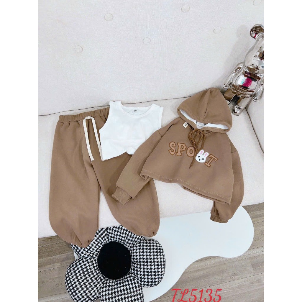 Bộ thu đông 3 chi tiết bé gái- Đồ bộ dài tay cho bé dễ thương chất nỉ 2 da cao cấp dày mịn có mũ