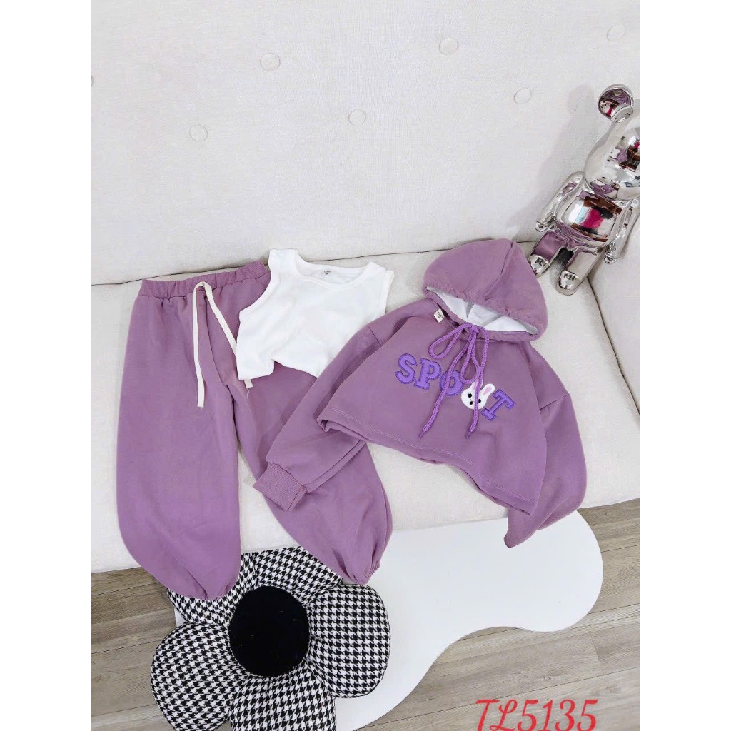 Bộ thu đông 3 chi tiết bé gái- Đồ bộ dài tay cho bé dễ thương chất nỉ 2 da cao cấp dày mịn có mũ