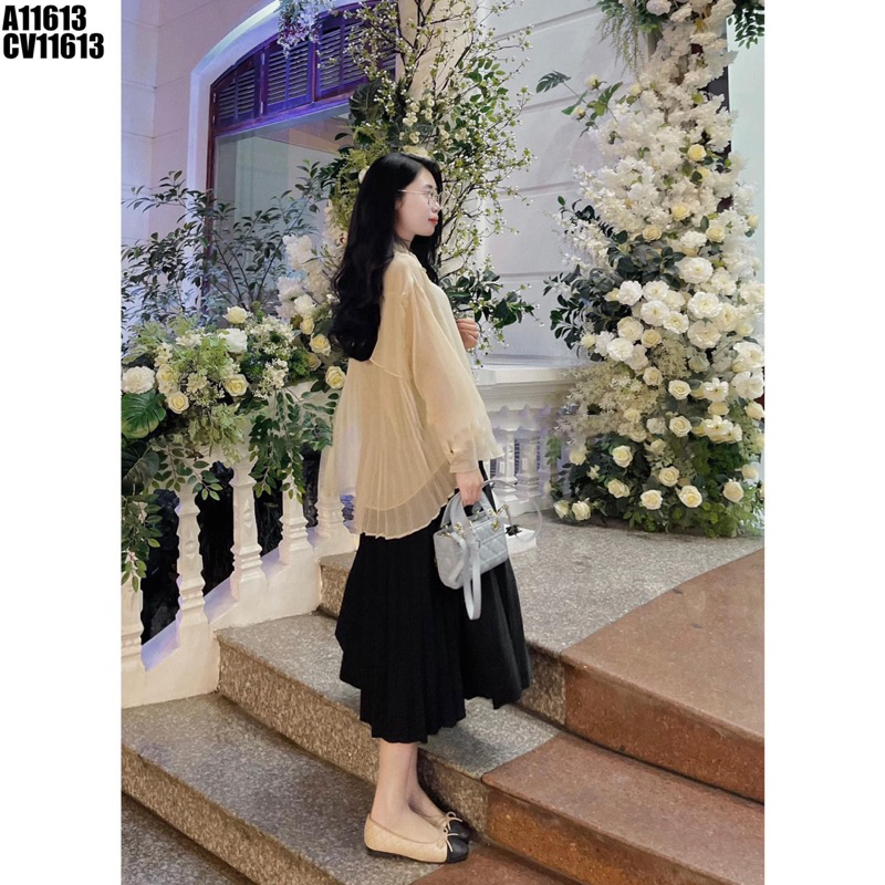 SET ÁO SƠ MI PLI XẺ LƯNG KÈM CHÂN VÁY MIDI