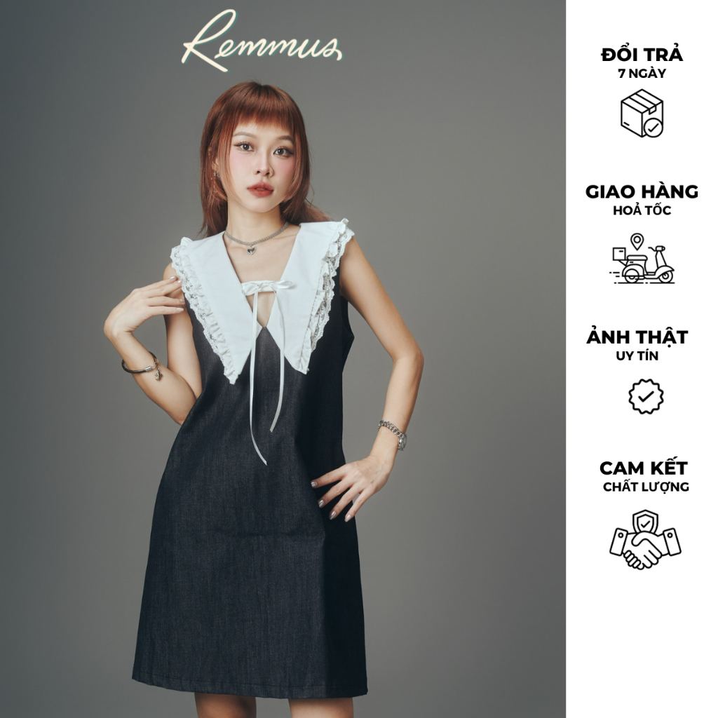Ara Dress - Đầm denim ngắn phối viền trắng có ren đính nơ Remmus cho nữ