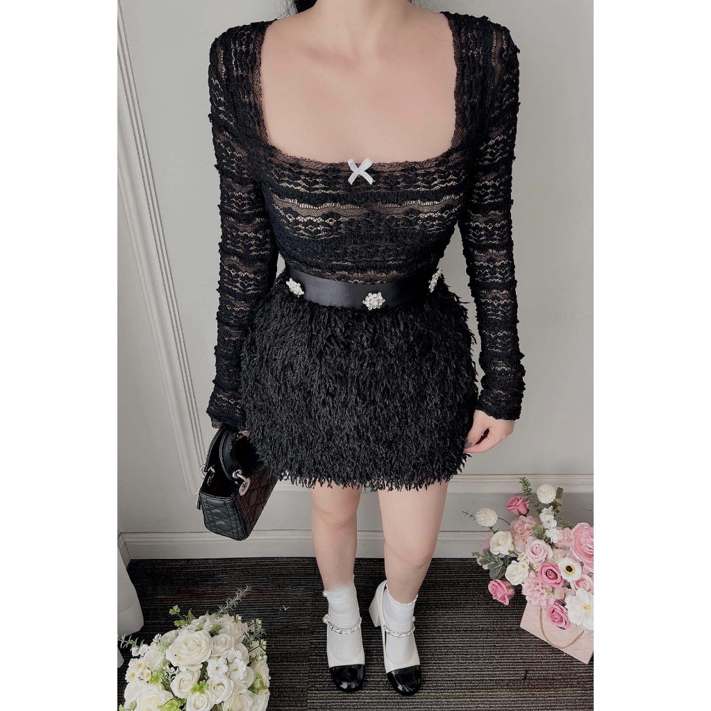 Set áo ren dài tay chân váy lông sang chảnh - TKCC SheTP