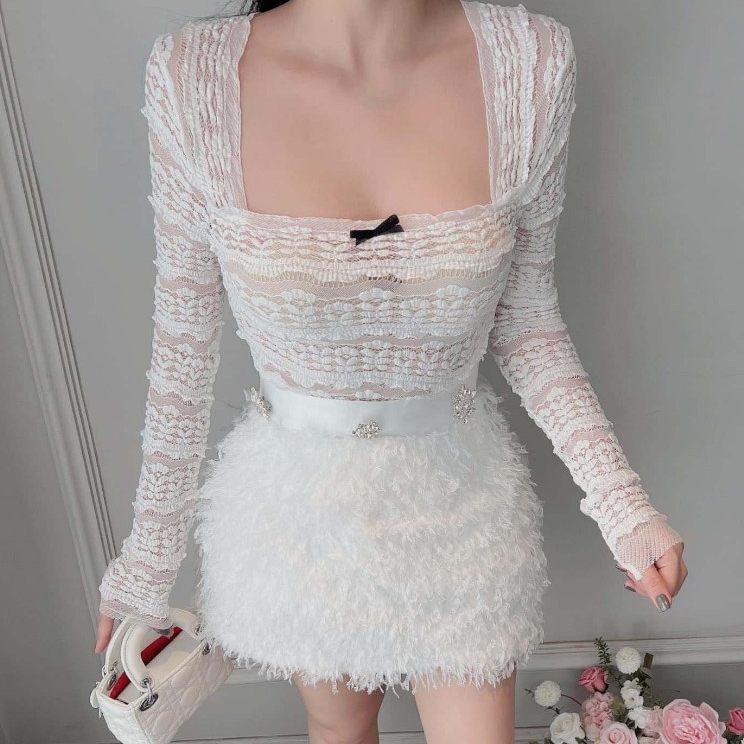 Set áo ren dài tay chân váy lông sang chảnh - TKCC SheTP