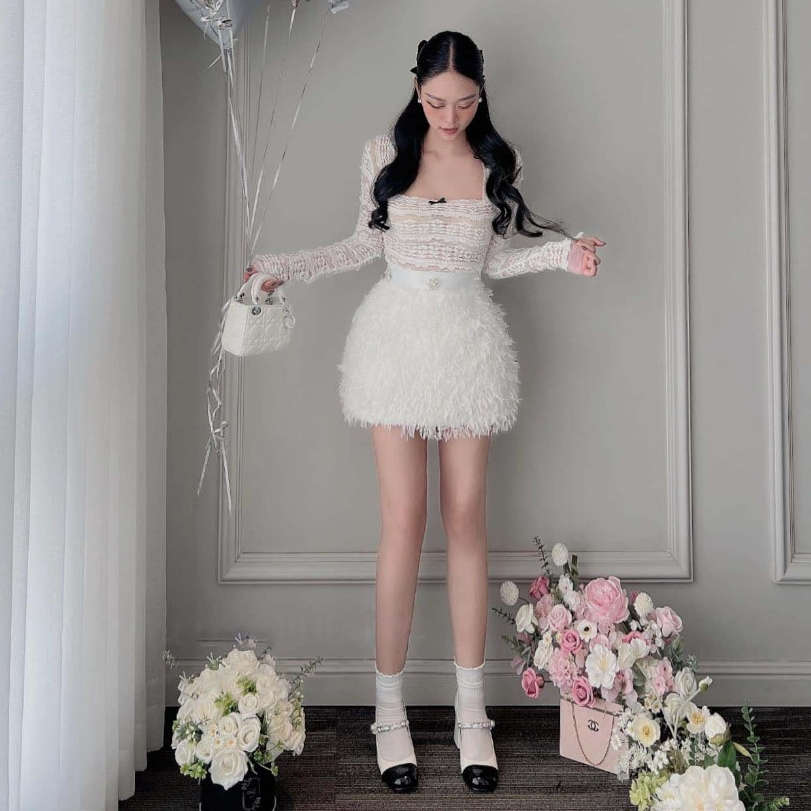 Set áo ren dài tay chân váy lông sang chảnh - TKCC SheTP