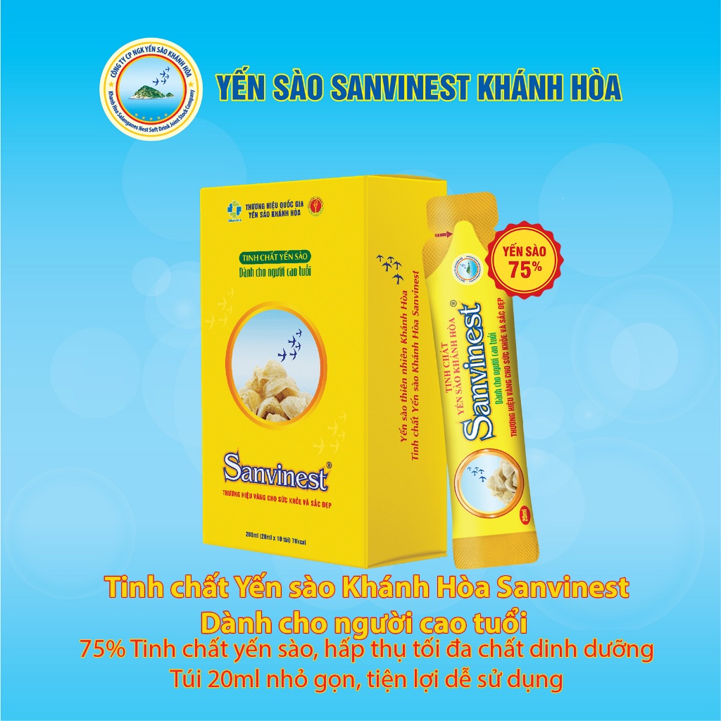 Tinh chất Yến sào Khánh Hòa Sanvinest dành cho người cao tuổi. Hộp 10 túi 20ml, 75% tinh chất Yến sào.