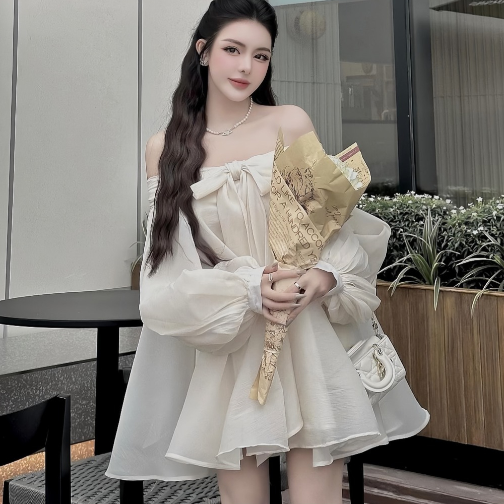 Váy babydoll tay bồng bánh bèo có nơ trước ngực, váy voan bồng siêu dễ thương