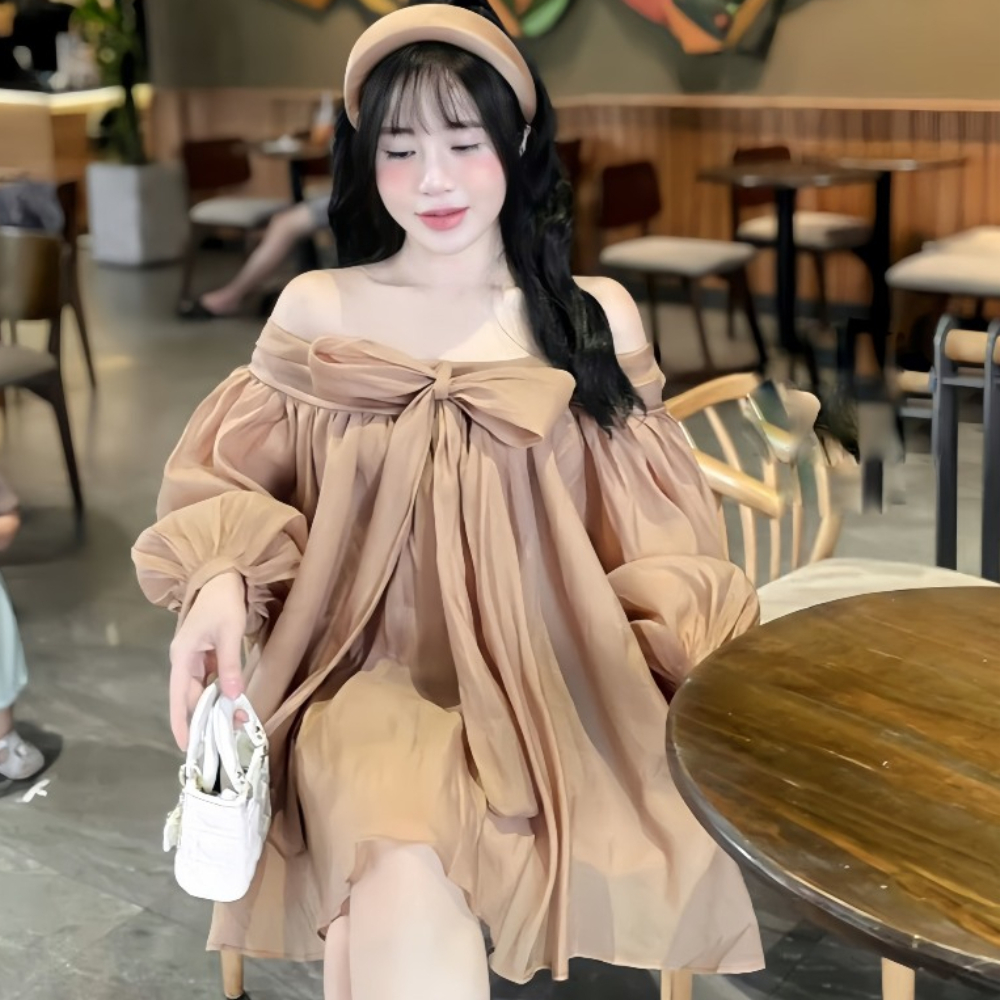 Váy babydoll tay bồng bánh bèo có nơ trước ngực, váy voan bồng siêu dễ thương