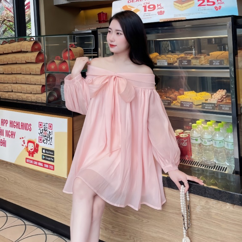 Váy babydoll tay bồng bánh bèo có nơ trước ngực, váy voan bồng siêu dễ thương