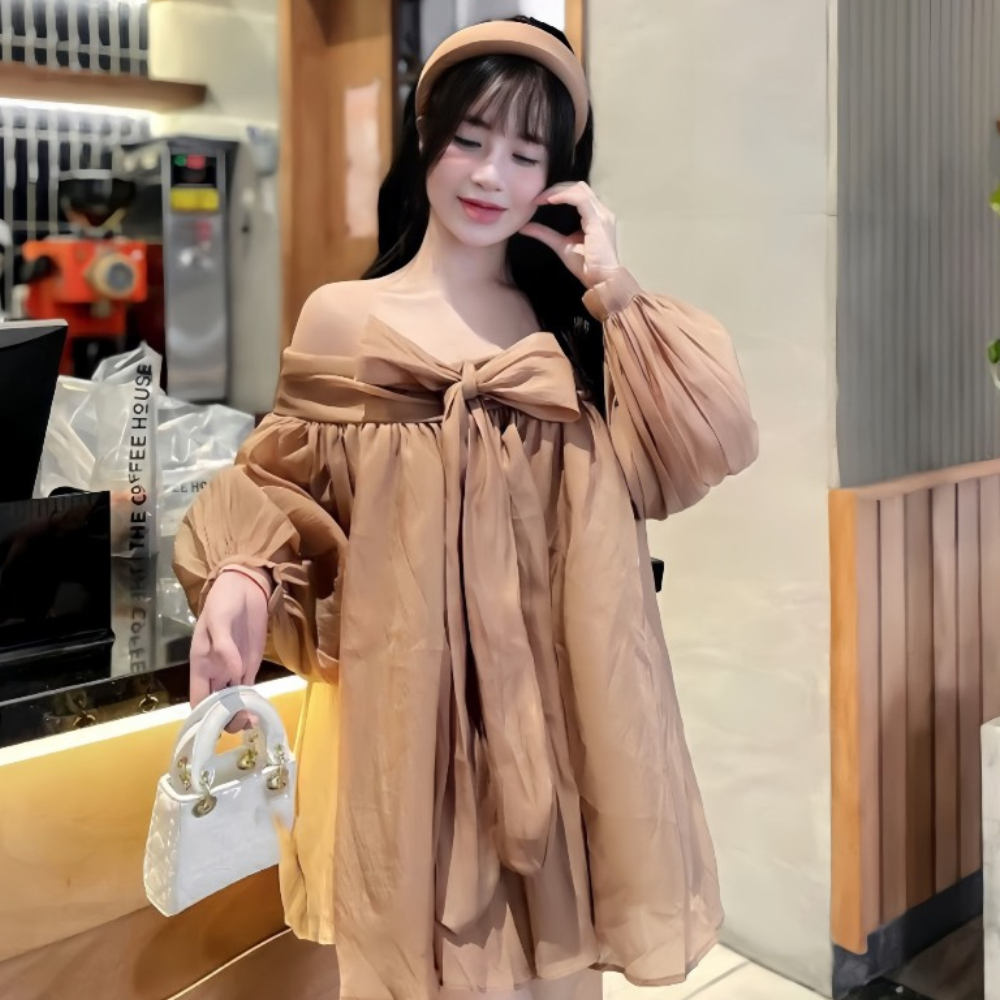 Váy babydoll tay bồng bánh bèo có nơ trước ngực, váy voan bồng siêu dễ thương