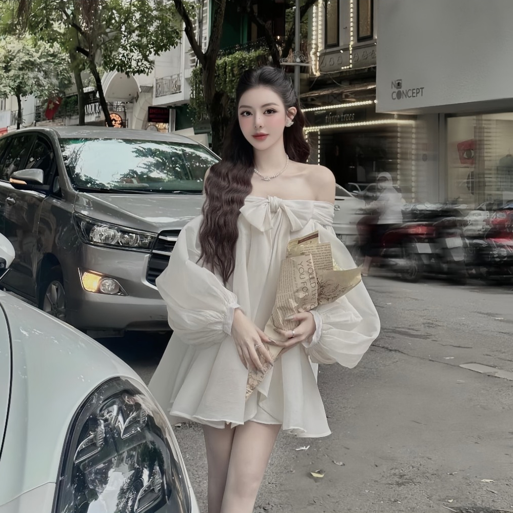 Váy babydoll tay bồng bánh bèo có nơ trước ngực, váy voan bồng siêu dễ thương
