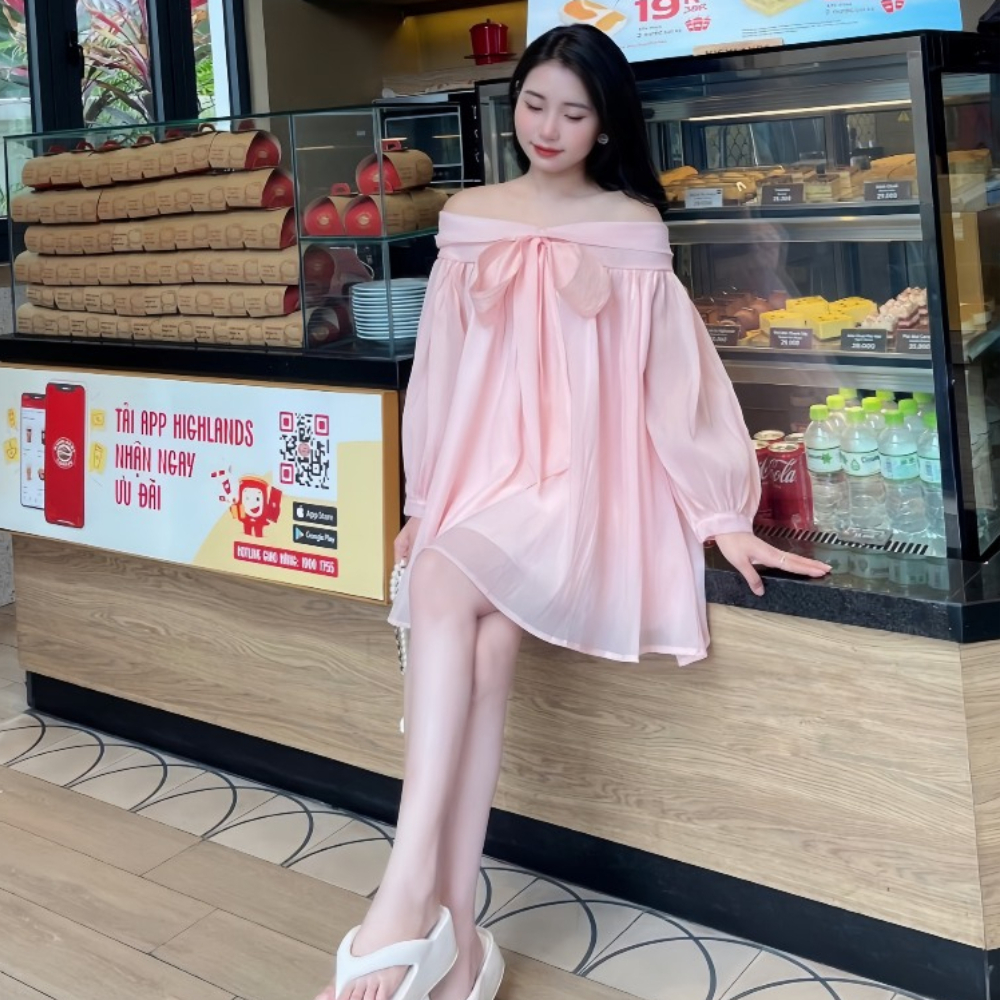 Váy babydoll tay bồng bánh bèo có nơ trước ngực, váy voan bồng siêu dễ thương