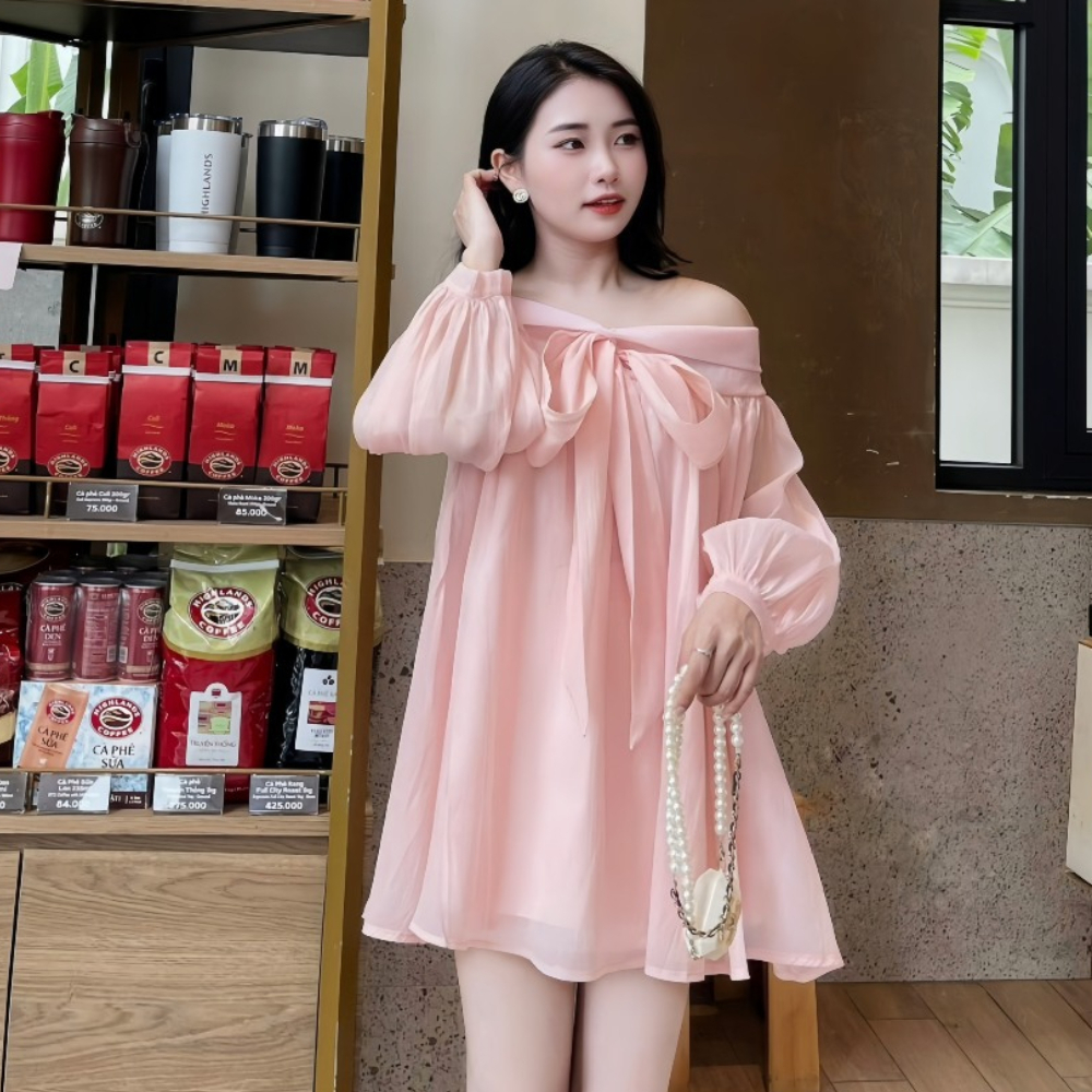 Váy babydoll tay bồng bánh bèo có nơ trước ngực, váy voan bồng siêu dễ thương