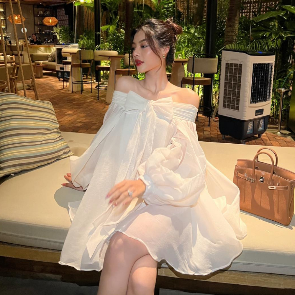 Váy babydoll tay bồng bánh bèo có nơ trước ngực, váy voan bồng siêu dễ thương