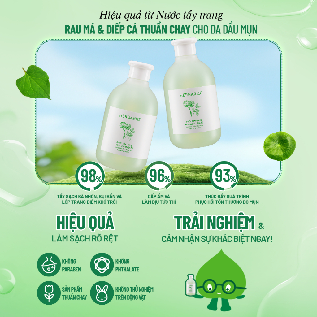 Nước tẩy trang Rau Má & Diếp Cá Herbario 300ml thuần chay cho da mụn, da dầu