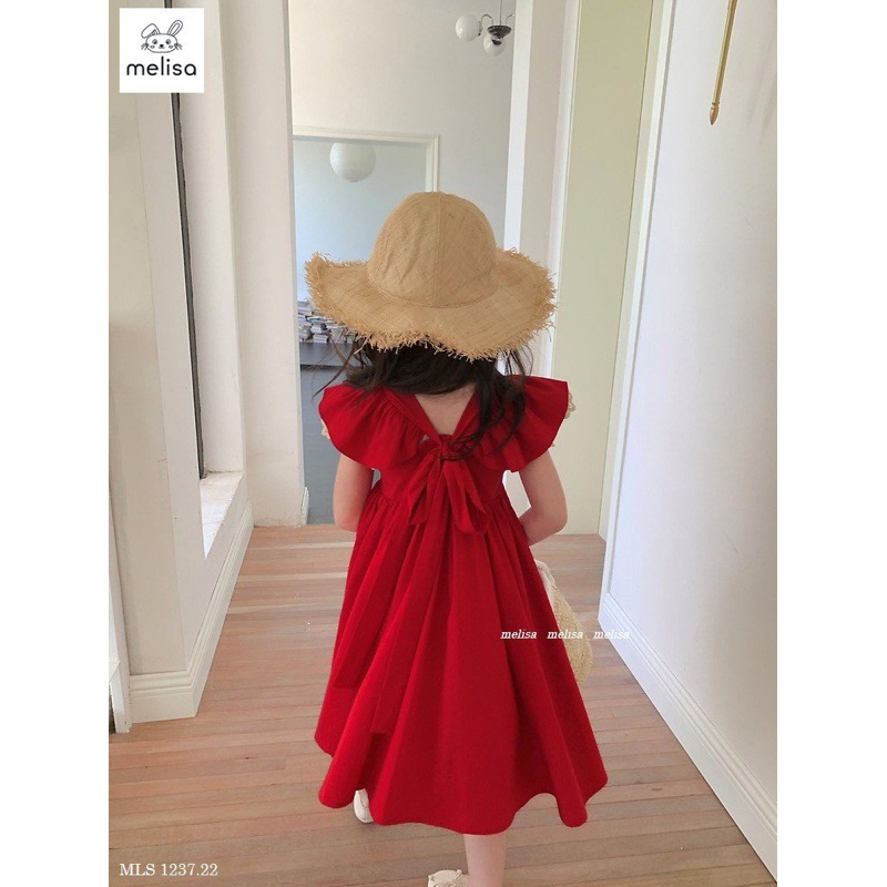 Đầm đỏ Melisa nơ lưng tay phối ren bé gái siêu đẹp
