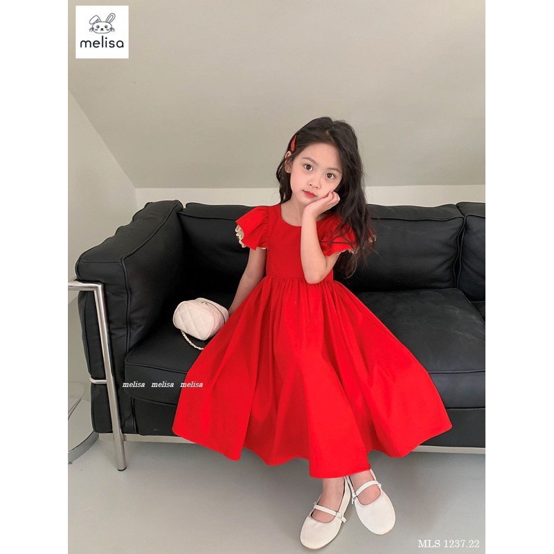 Đầm đỏ Melisa nơ lưng tay phối ren bé gái siêu đẹp
