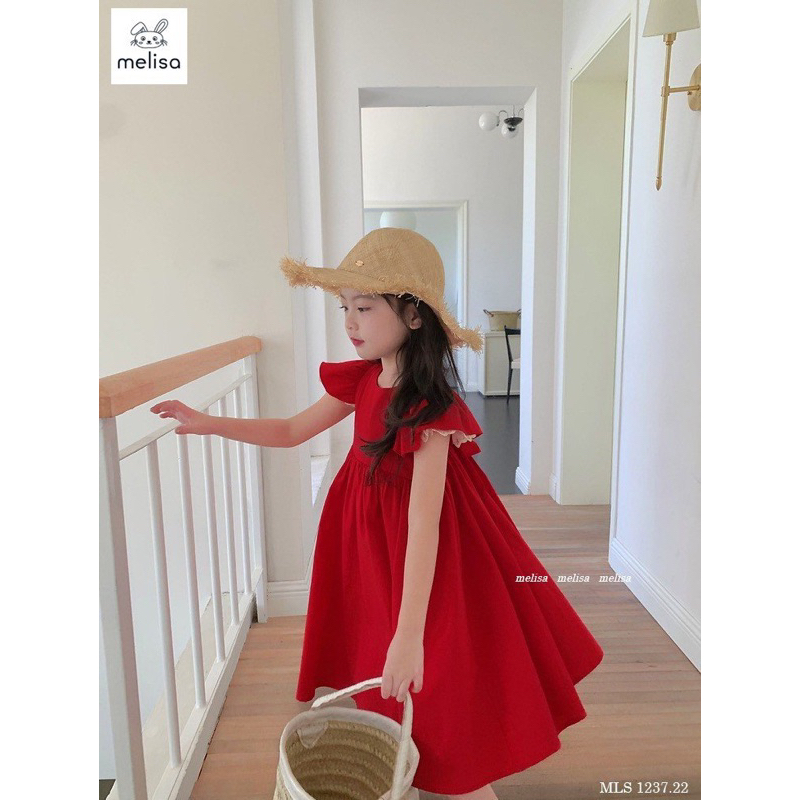 Đầm đỏ Melisa nơ lưng tay phối ren bé gái siêu đẹp
