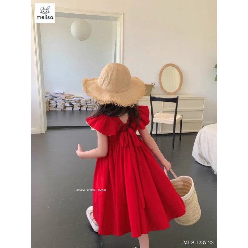 Đầm đỏ Melisa nơ lưng tay phối ren bé gái siêu đẹp