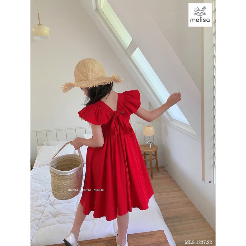 Đầm đỏ Melisa nơ lưng tay phối ren bé gái siêu đẹp