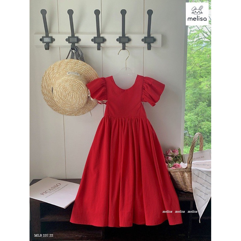 Đầm đỏ Melisa nơ lưng tay phối ren bé gái siêu đẹp