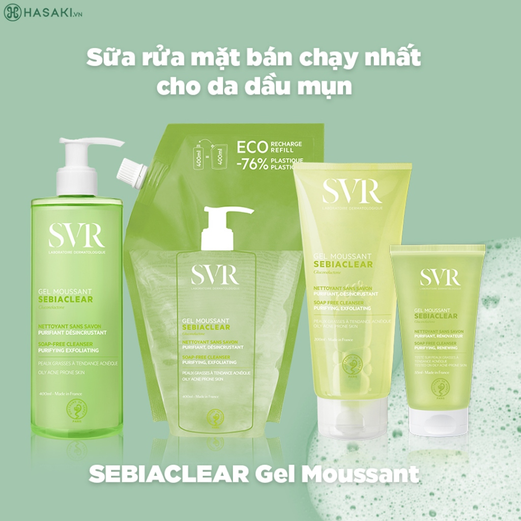 Sữa sửa mặt SVR cho da dầu mụn không xà phòng,  SVR Sebiaclear Gel Moussant 55ml-200ml-400ml loại bỏ tế bào da chết