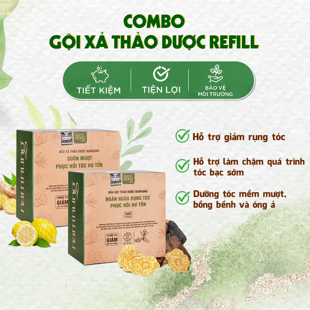 Túi REFILL bộ đôi dầu gội & dầu xả kèm serum thảo dược NAMNUNG