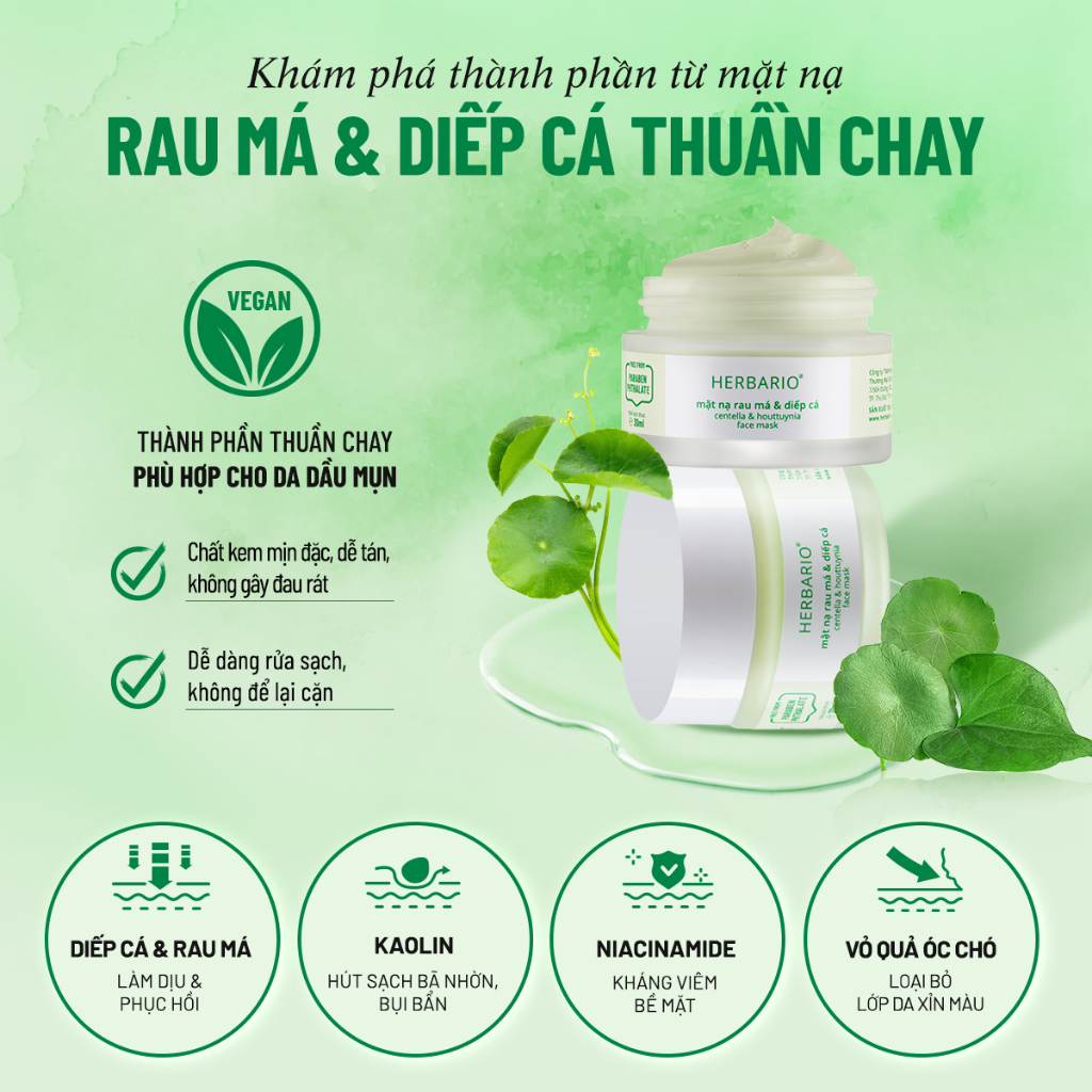 Mặt nạ Rau Má & Diếp Cá giảm dầu, mụn Herbario 30ml thuần chay