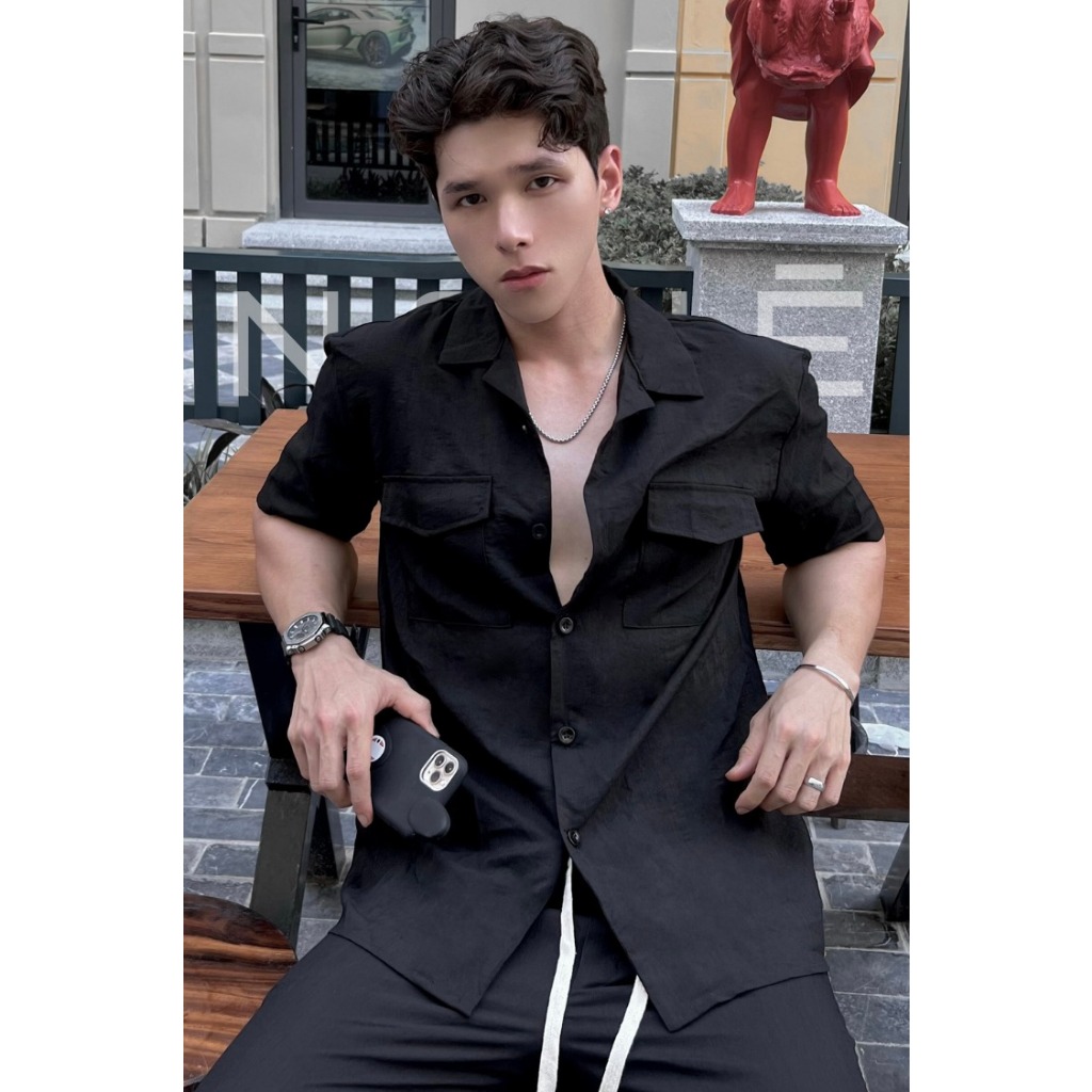 Áo đũi nam BIGSIZE  cộc tay cổ vest, 2 túi có nắp chéo