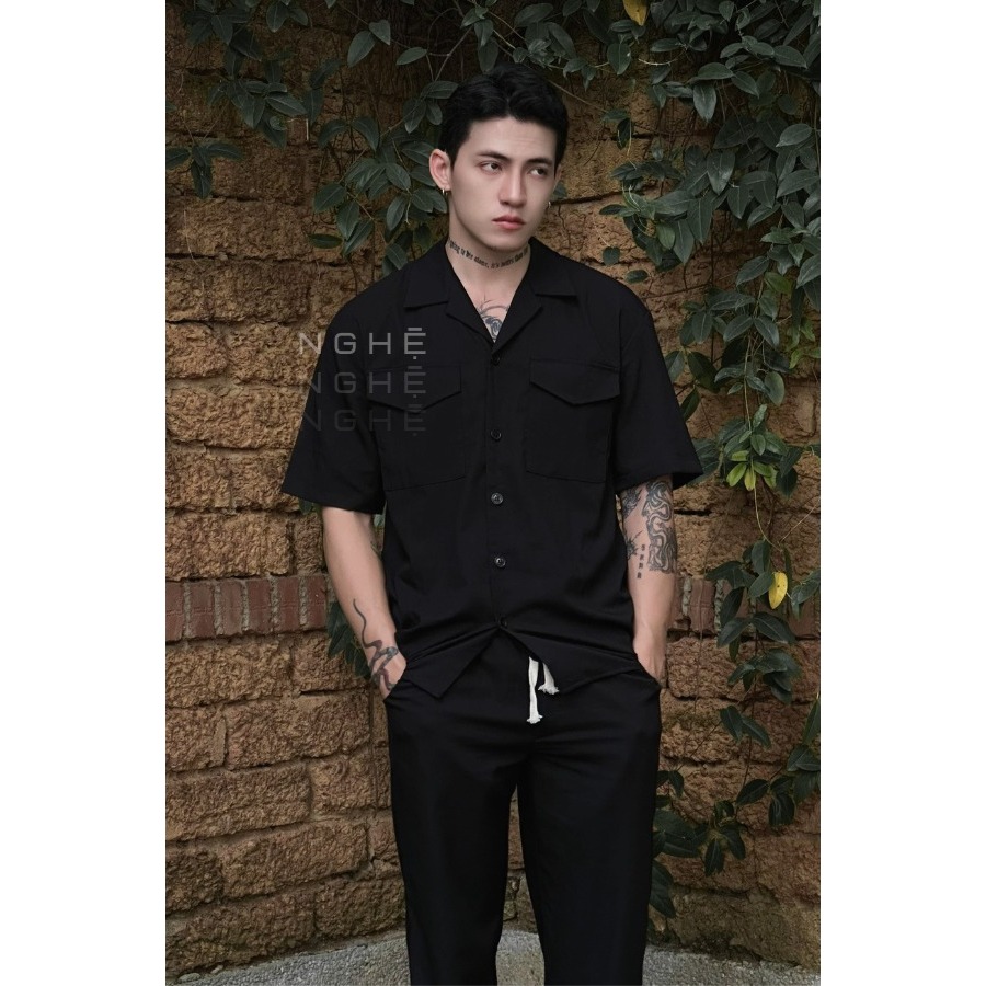 Áo đũi nam BIGSIZE  cộc tay cổ vest, 2 túi có nắp chéo