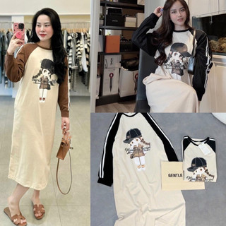 Đầm suông dài tay in cô gái phối màu viền sọc chất cotton dày dặn mặc thu đông