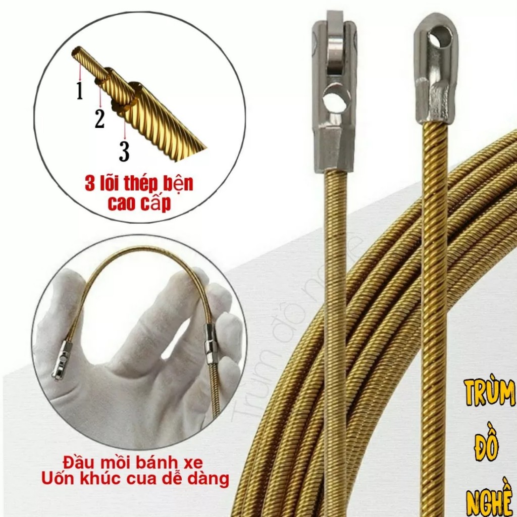 Dây mồi đầu bánh xe 3 lõi cáp thép lụa 4mm Tặng cáp thít luồn dây điện ống gen kéo cáp ngầm 5m 10m 15m 20m 25m 30m 50m