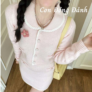 Set áo váy len màu hồng thu đông - áo len cardigan kèm chân váy ac006 order taobao con đỏng đảnh