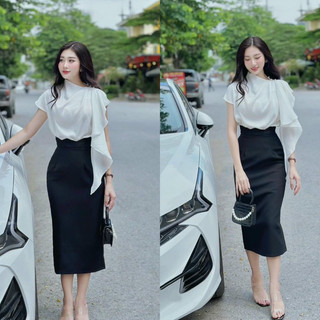 Set áo lụa cổ cao tà bèo đính ngọc tay hến + chân váy ôm xoè