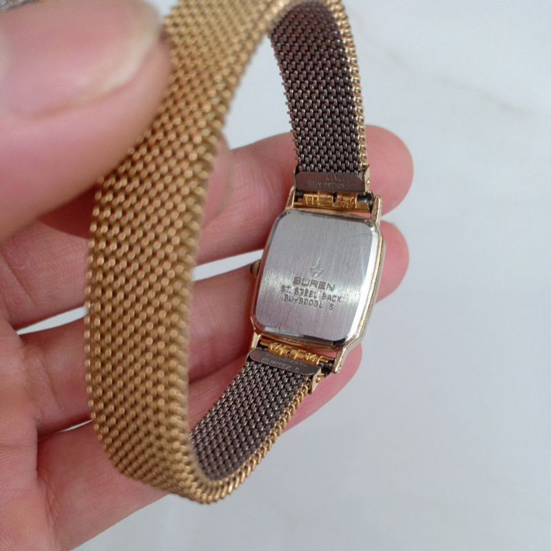 Đồng hồ nữ si thụy mặt vuông tank hiệu BUREN dây chun mạ vàng độ mới cao 90%