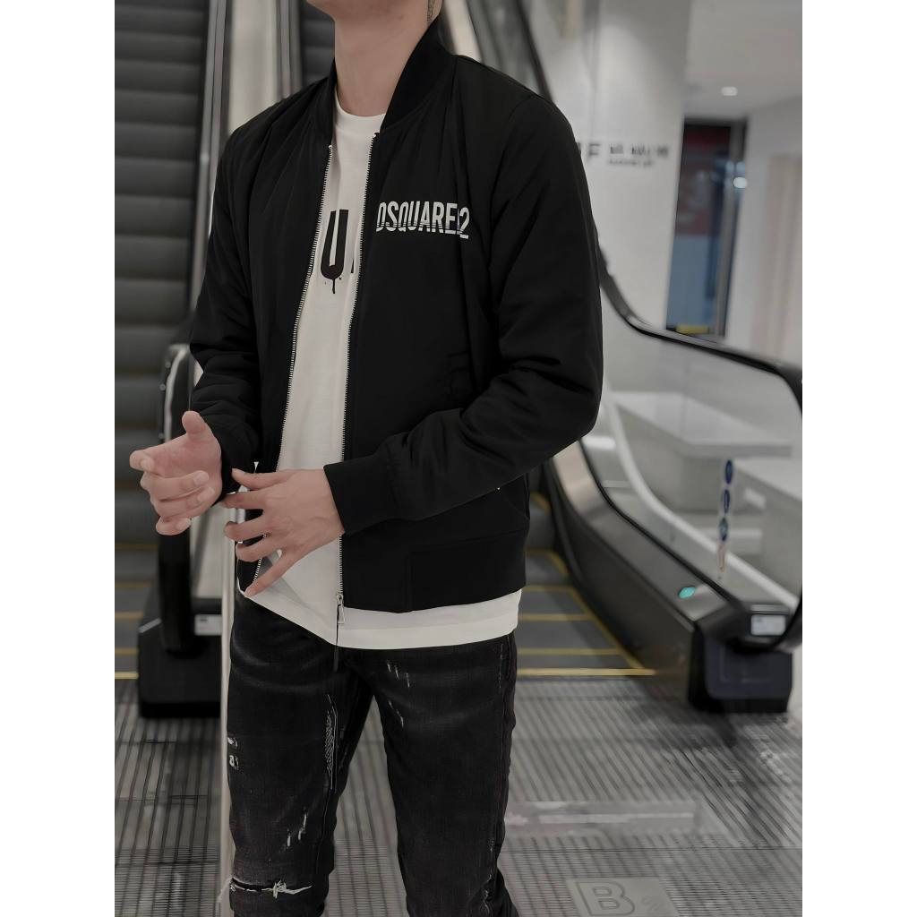 Áo khoác bomber gió nam nữ Dsq2 zip trơn phối in chữ ICON trắng sau lưng 2 lớp đơn giản basic