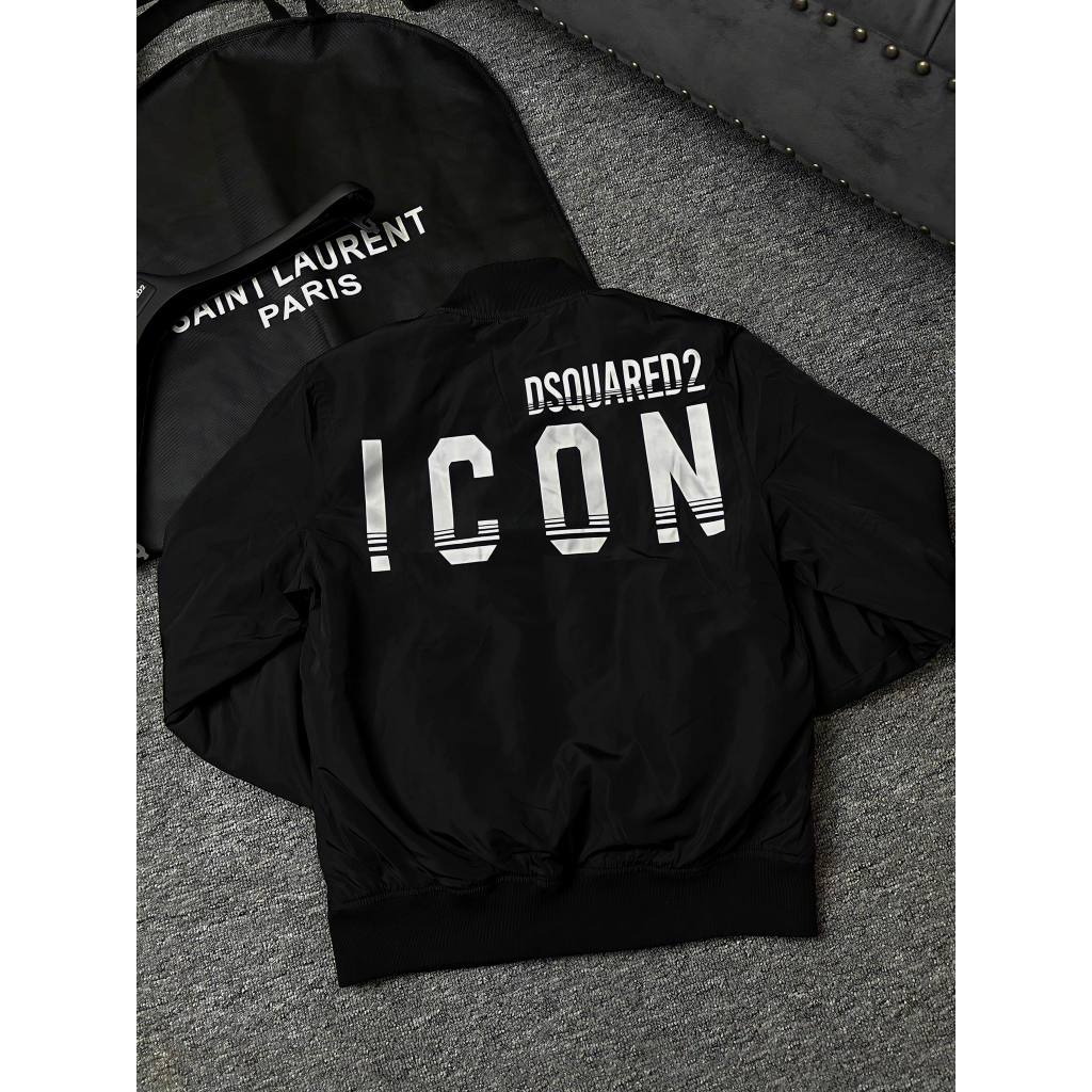 Áo khoác bomber gió nam nữ Dsq2 zip trơn phối in chữ ICON trắng sau lưng 2 lớp đơn giản basic