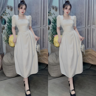 Váy Cổ Vuông Dáng Dài Trắng Tay Bồng Nhẹ - TV32
