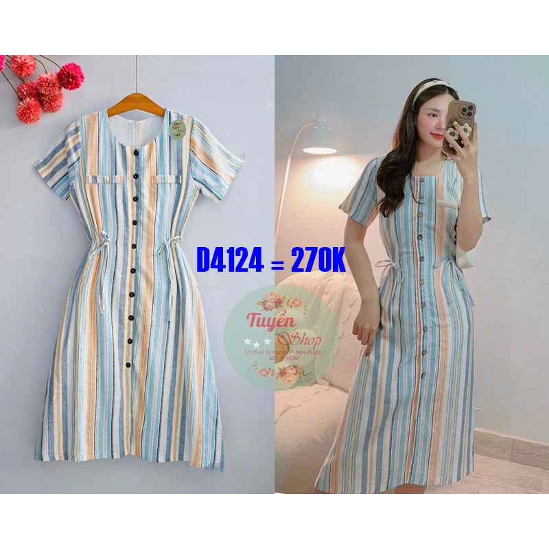 Đầm linen sọc nhúm thun eo