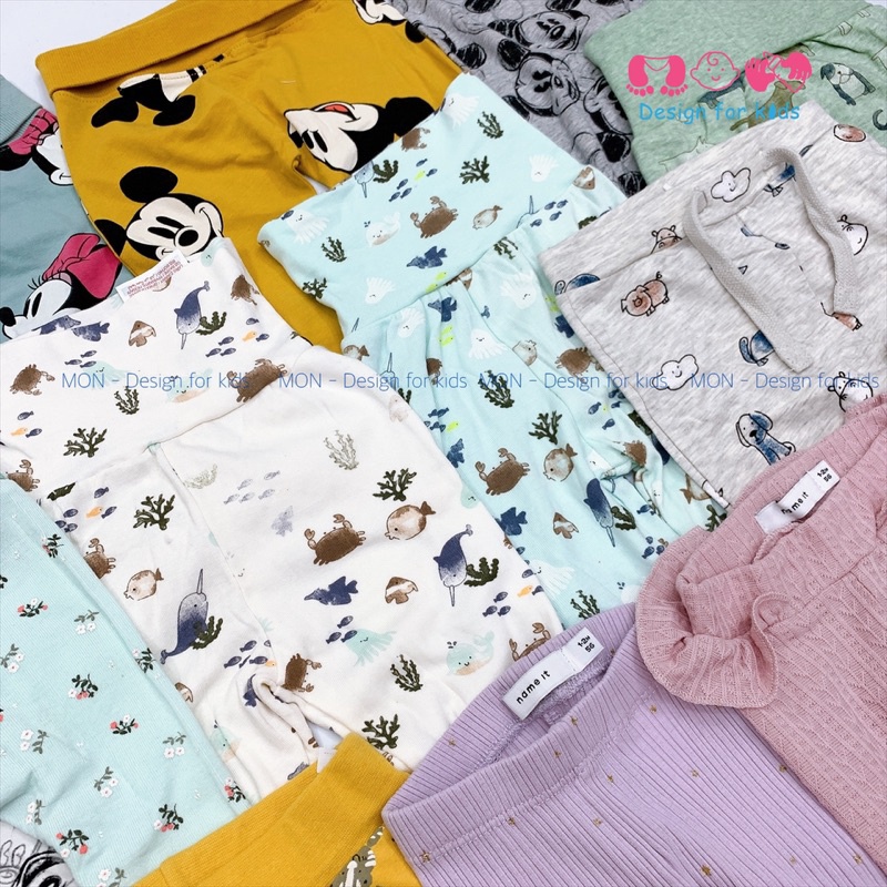 Quần dài NAME.IT cạp cao, chun, quần legging xuất dư vải ORGANIC COTTON co dãn 4 chiều cho bé