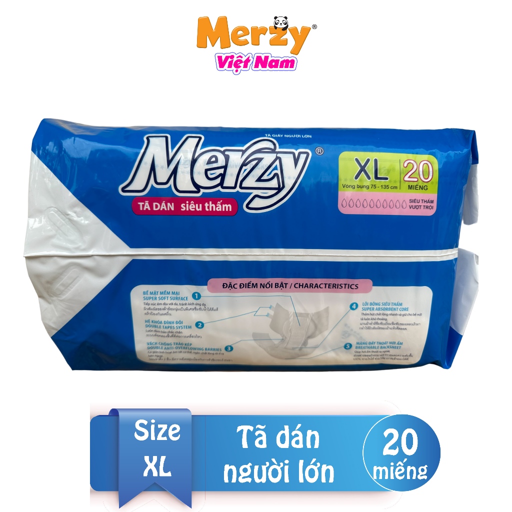 Tã Dán Người Lớn Merzy Cao Cấp Siêu Thấm Khô Thoáng Size XL 20 Miêng