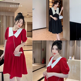 Đầm bầu tay bồng dáng xoè chất đũi hàn cổ nhọn hai màu đen đỏ mặc công sở