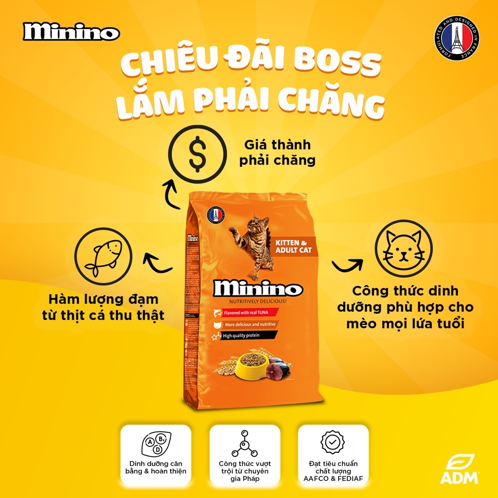 Thức ăn hạt cho mèo con và mèo trưởng thành vị cá ngừ Minino 480gr