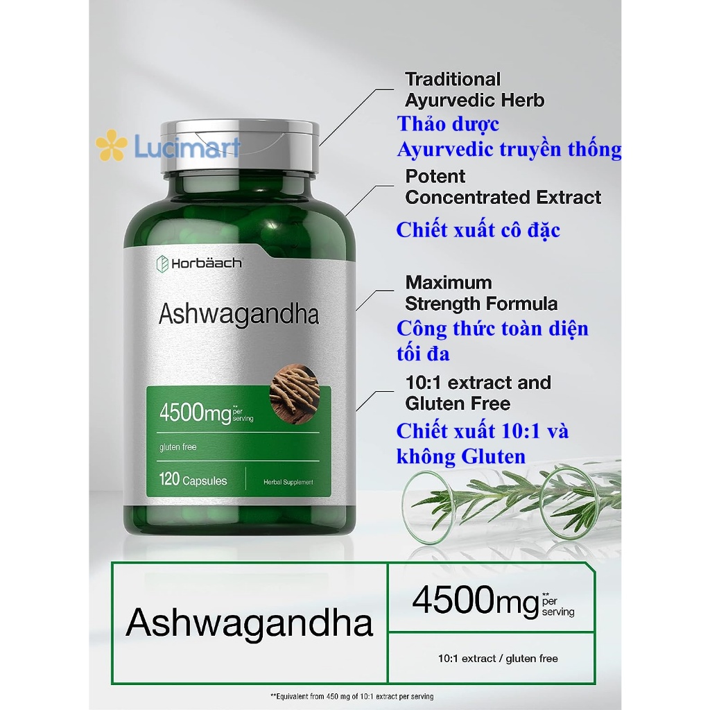 Viên uống nhân sâm Ấn Độ Ashwagandha 4500mg Horbaach