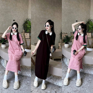 Đầm suông dáng dài trơn viền tay chất cotton cổ tròn dáng rộng hai màu thời trang hàn quốc