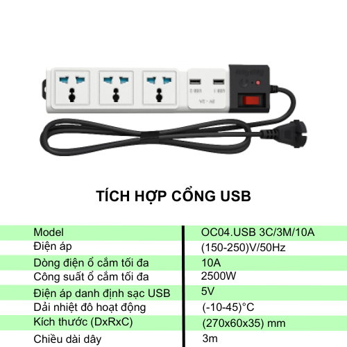 Ổ Cắm Đa Năng Chống Giật Rạng Đông Tích Hợp 2 Cổng USB 5V 2A Sạc Cho Điện Thoại OC04.USB 3C/3M/10A