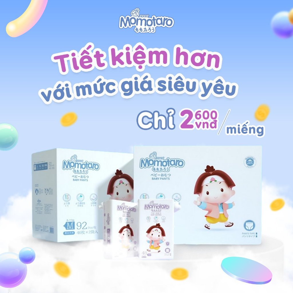 1 bịch Bỉm Momotaro(TẶNG 1 miếng thử)( mua 2 BỊCH NHẬN THÊM QUÀ)full size NB64/S56/M48/M46/L42/XL39/XXL36/XXXL35