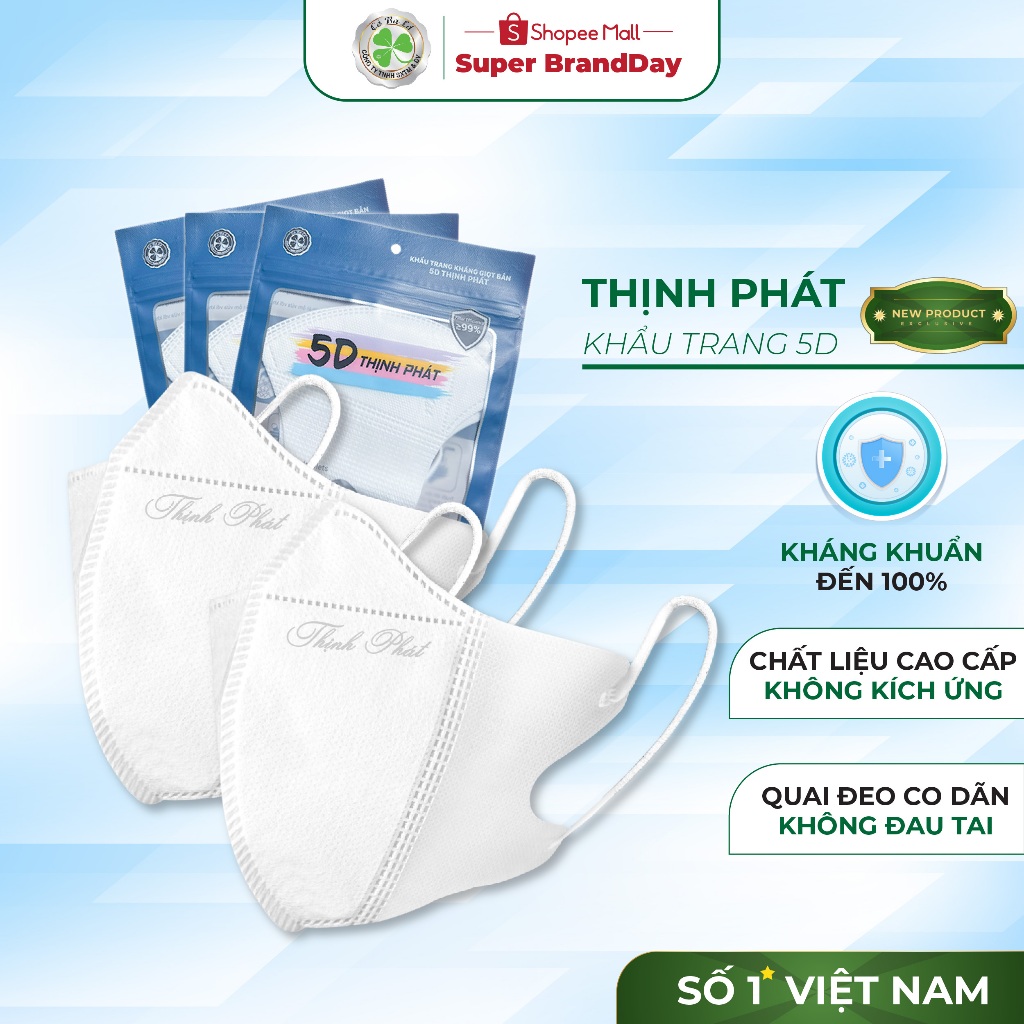 Thùng khẩu trang y tế 100 chiếc 5D Thịnh Phát 3 lớp kháng khuẩn chống tia UV an toàn tiện lợi chính hãng