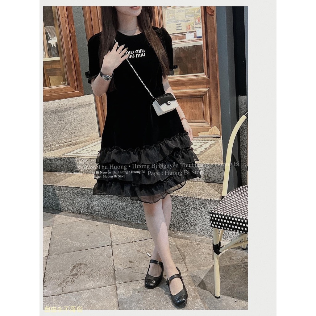 Váy Nhung Thêu Miu Miu Tay Nơ Phối Bèo Voan Đầm Nhung Nữ Dáng Suông Rộng Freesize