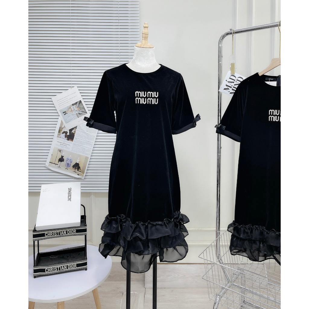 Váy Nhung Thêu Miu Miu Tay Nơ Phối Bèo Voan Đầm Nhung Nữ Dáng Suông Rộng Freesize