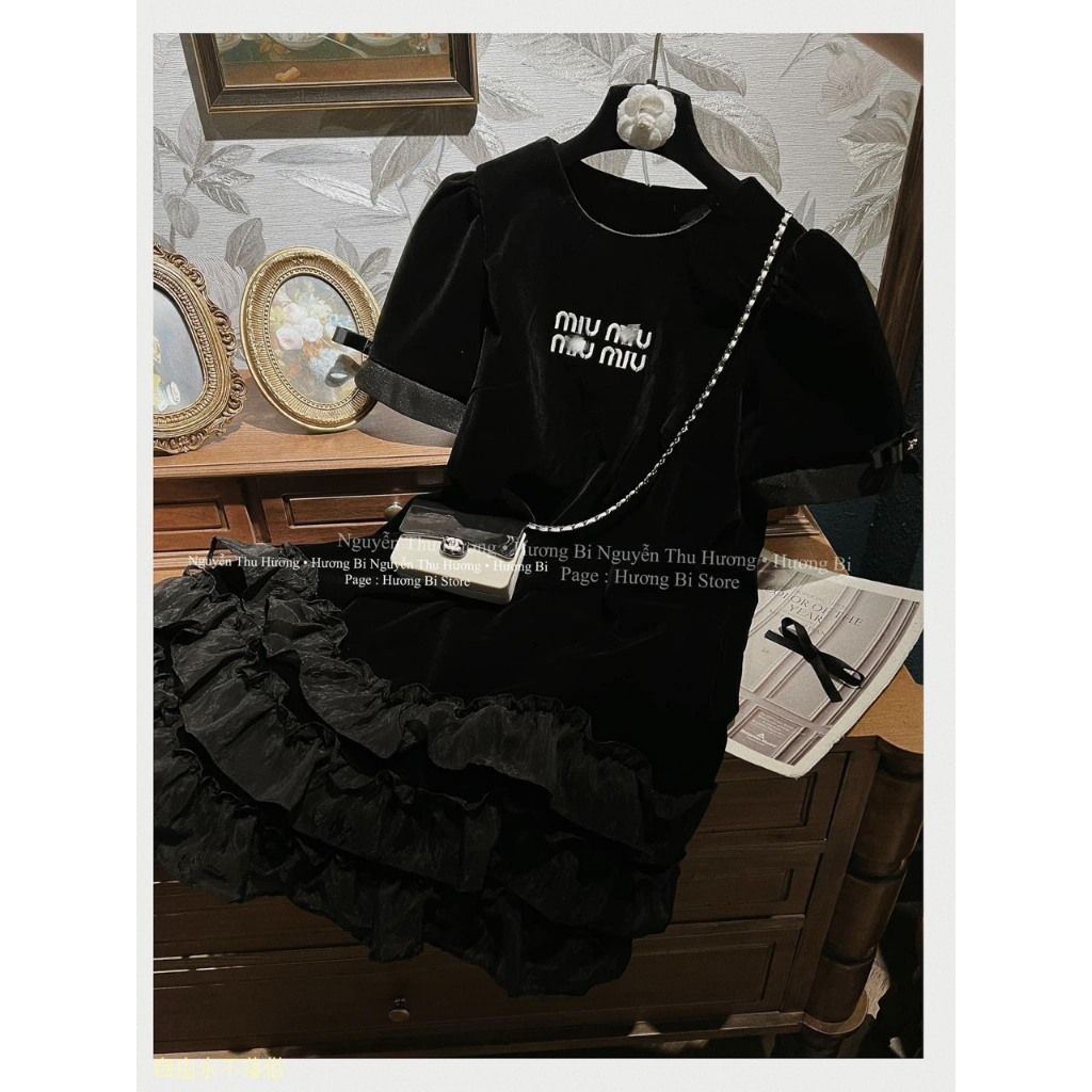Váy Nhung Thêu Miu Miu Tay Nơ Phối Bèo Voan Đầm Nhung Nữ Dáng Suông Rộng Freesize